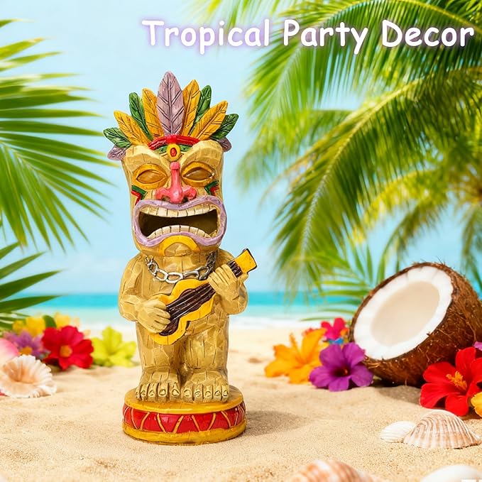 Solar Tiki Garden Statue with LED Eyes Outdoor Resin Ukulele Player Yard Decor Solar Light Hawaiian Style Lawn Ornament for Patio Porch Lawn Tiki Bar or Tiki Lover Funny Gifts Stocking Stuffers