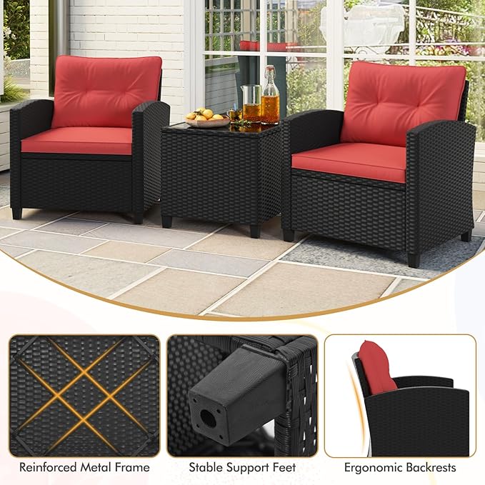 RELAX4LIFE 3-Piece Patio Furniture Set - Wicker Rattan Bistro Sofa Set w/Glass Top Coffee Table, Washable Cushions for Porch Balcony Backyard Poolside, Outdoor Furniture Conversation Set (Red)