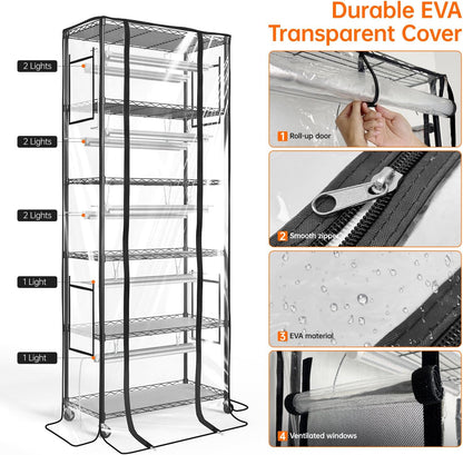 DIY Plant Shelf with Grow Lights and EVA Greenhouse Cover, Plant Stand with Adjustable Rack and Wheels, 8-Pack 192W T8 3000K Full Spectrum Plant Lights for Seed Starting (29.5L x 13.8W x 70.9H)