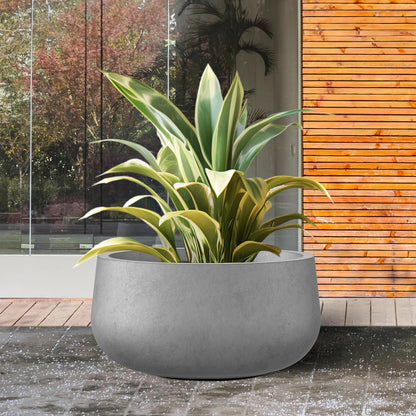 Kante 15.7" Dia Round Concrete Planter, Outdoor Indoor Garden Plant Pots with Drainage Hole and Rubber Plug, Modern Curvaceous Design, Natural Concrete