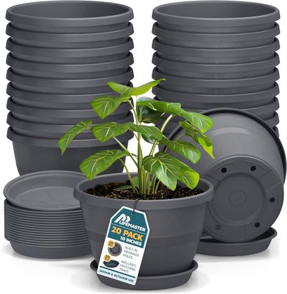 10-Inch Whiskey Barrel Planters Outdoor Pack of 20 - Durable Plastic Plant Pots for Indoor & Outdoor Use with Drainage & Saucer, Lightweight Rustic Barrel Planters for Flowers, Herbs & Small Plants