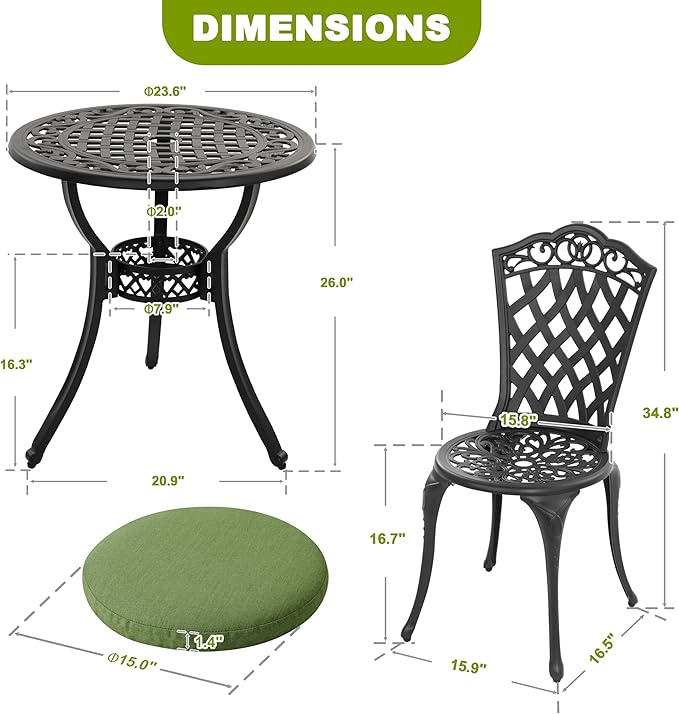 NUU GARDEN 3-Piece Patio Bistro Set Outdoor Cast Aluminum Bistro Table and Chairs Set of 2, Outdoor Patio Bistro Set with Umbrella Hole and Green Cushions for Patio Balcony, Black