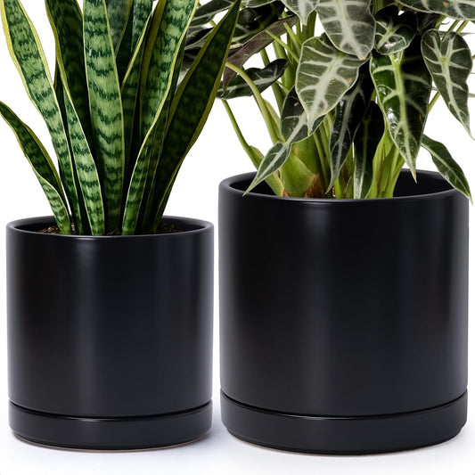 D'vine Dev 8.2 Inch & 10 Inch Ceramic Planter Pot for Plants with Drainage Hole and Saucer, Large Plant Pots Set, Black, 94-G-L-2