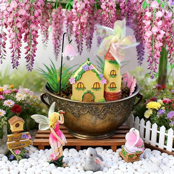 DONABELA Fairy Garden Kit Pink Mini Windmill House Decor Set Rabbit Flower Pot Supplies Signpost CD Player Resin Figurines Accessories Gift Indoor Outdoor Yard