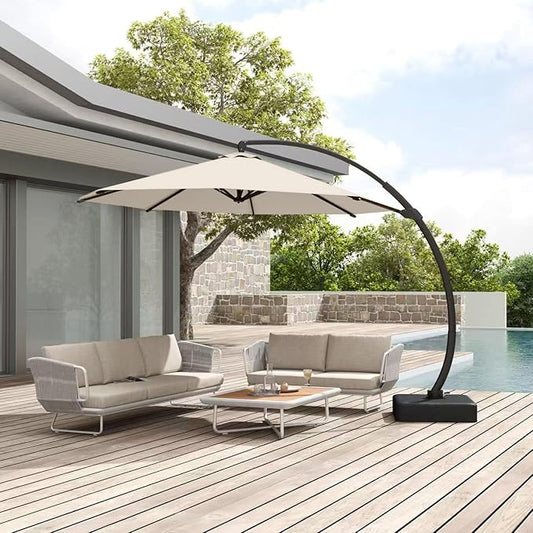 12FT Cantilever Umbrella with Base Large Curvy Outdoor Aluminum Offset Umbrella w/ 360° Rotation, UV Resistant Canopy for Patio, Garden, Backyard, Beige