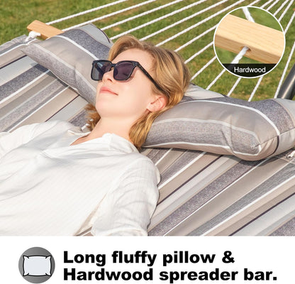 Double Quilted Fabric Tree Hammock with Spreader Bar, 14ft Hammocks 2 Person for Outside, Fits 12ft -14ft Hammock Stand, Pillow & Side Pockets & Carabiners, Max 475 lbs Capacity (Peace Dove)