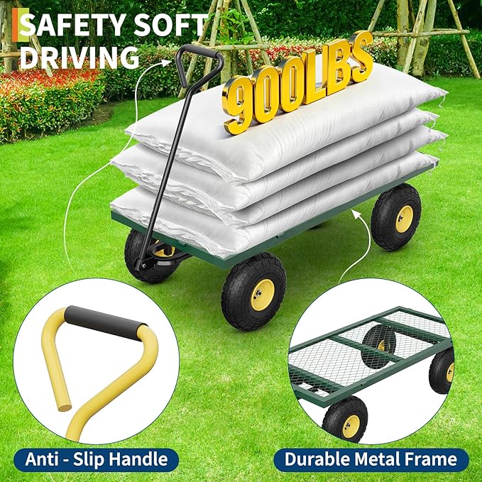 GarveeLife 900 LBS Garden Cart with Removable Mesh Sides, Heavy Duty Steel Garden Wagon with Adjustable Handles & 10 in Pneumatic Tires, Utility Wagon for Lawn Camping Farm Yard, Green+Black