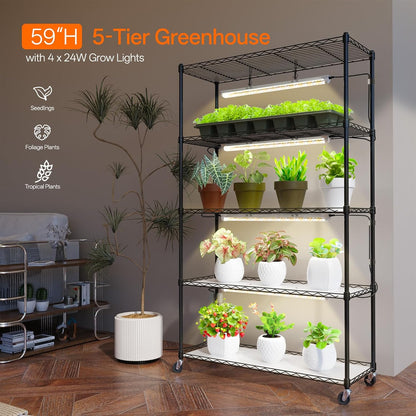 Plant Shelf with Grow Light with Timer, Metal Plant Stand with Adjustable Rack and Wheels, 4 Pack 24W Full Spectrum Grow Light Strip for Indoor Plants, Seed Starting, 35.4"x13.8"x59"