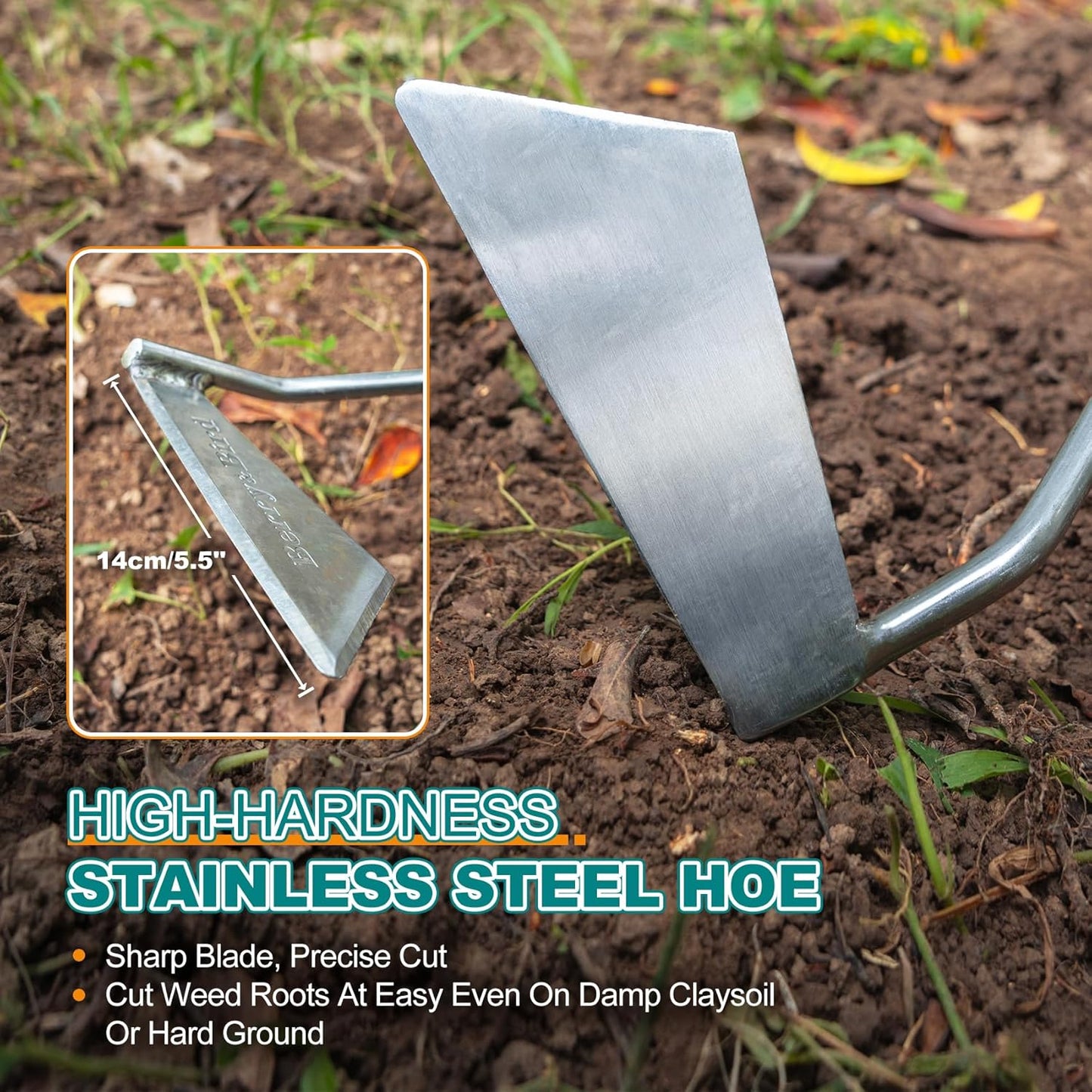 Berry&Bird Swoe Garden Hoe, 61.8'' Stainless Steel Long Handled 3 Edge Hoe with Wooden Hand, Mini Angled/Warren Hoe, Soil Cultivator Weeding Tool for Grass Flower Backyard