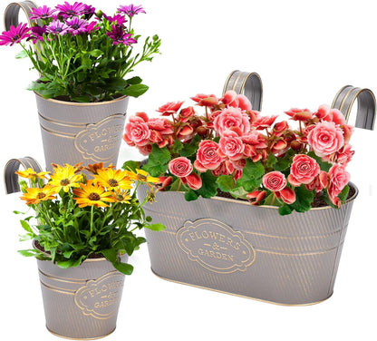 PerGar Vintage Metal Iron Wall Hanging Flower Pots, Rustic Planter Bucket Herb Flower Plant Holder with Detachable Hooks & Drainage Hole for Railing Fence Balcony Deck Garden Home Decoration, Set of 3