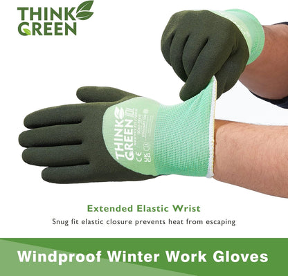 COOLJOB Thick Fleece Lined Winter Thermal Warm Freezer Work Gloves, 100% Recycled Polyester Base with Non-Slip Grip, Windproof for Cold Weather, 1 Pair, Large, Green
