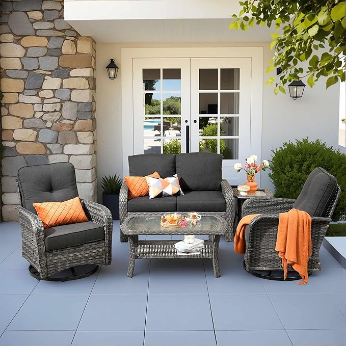 5 Pieces Patio Furniture Set,Outdoor Furniture with Rockers, Rattan Conversation Sets w/Coffee Table, Grey Wicker Black Cushion