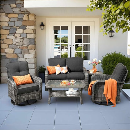5 Pieces Patio Furniture Set,Outdoor Furniture with Rockers, Rattan Conversation Sets w/Coffee Table, Grey Wicker Black Cushion
