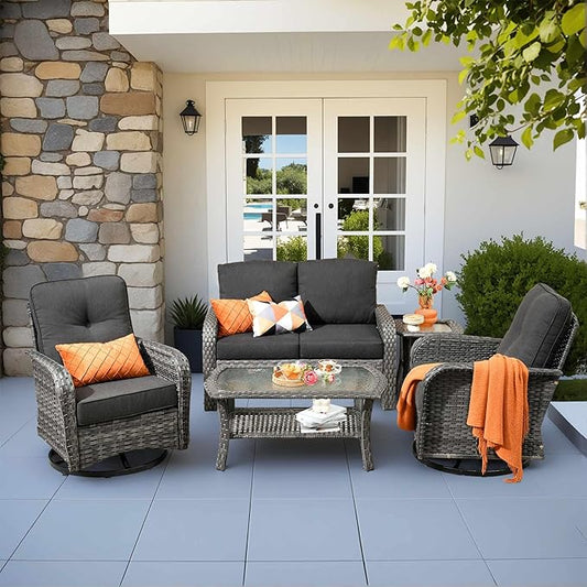 5 Pieces Patio Furniture Set,Outdoor Furniture with Rockers, Rattan Conversation Sets w/Coffee Table, Grey Wicker Black Cushion