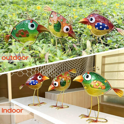 Garden Decor for Outside,Funny Metal & Glass Bird Decor for Indoor & Outdoor Set of 3,Yard Art Decor,Garden Art Statues Decorations,Colorful and Patriotic