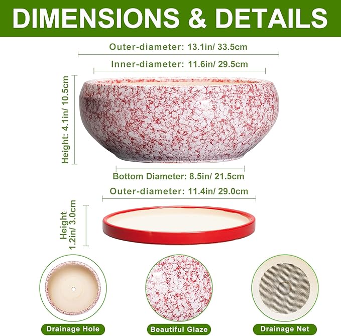 Bonsai Tree Pots 13 Inch - Ceramic Bonsai Pots with Drainage Hole and Tray, Large Succulent Planters Indoor, Round Bowl Planter Outdoor, Shallow Planter, Garden Decor, Plant Lover Gifts, Red
