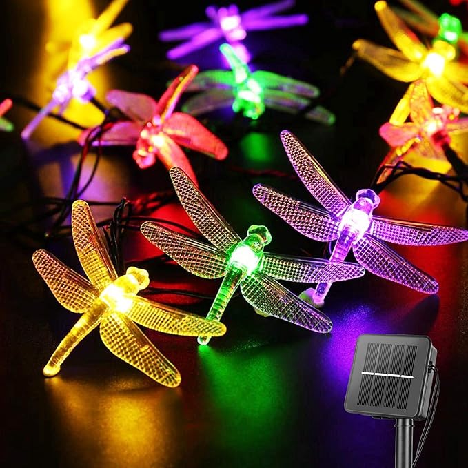 Dragonfly Solar String Lights Outdoor 25.6FT 30 LED Waterproof Solar Powered Fairy Lights, 8 Modes Decorative Lights for Patio Garden Yard Fence Wedding Christmas Party, Multicolor