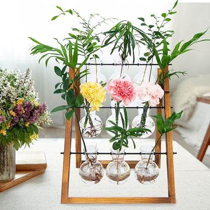 Plant Propagation Station Traveler's Glass Tabletop Planter with Vintage Wooden Stand 3 Bulb Vase for Hydroponic Plants Indoor Office Desktop Home Decor, Plant Stand (9 Bulbs)