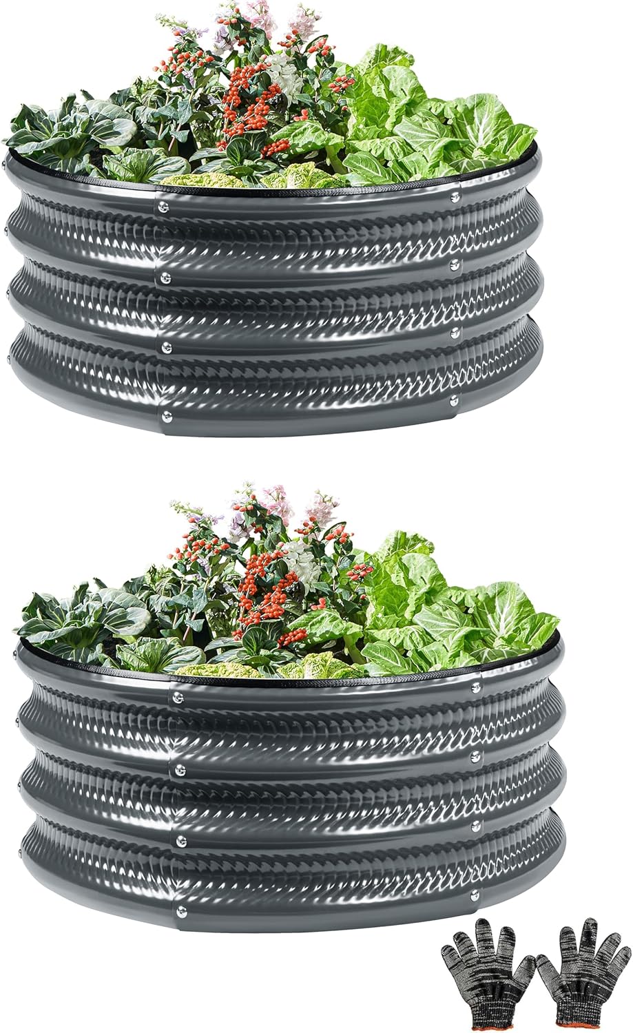 2 Pcs 2x2X1 FT Round Galvanized Raised Garden Bed Kit, Gray Outdoor Planter Garden Bed, Metal Raised Box for Vegetables, Fruits, Flowers & Herbs