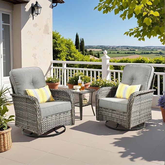 3-Piece Swivel Rocking Rattan Chair Outdoor, Patio Bistro Furniture Conversation Set, Wicker Chair with Coffee Table Dark Gray