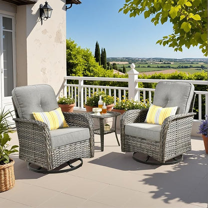 3-Piece Swivel Rocking Rattan Chair Outdoor, Patio Bistro Furniture Conversation Set, Wicker Chair with Coffee Table Dark Gray