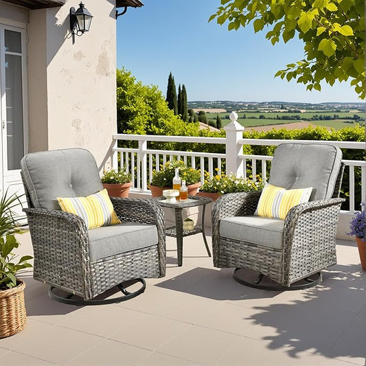 3-Piece Swivel Rocking Rattan Chair Outdoor, Patio Bistro Furniture Conversation Set, Wicker Chair with Coffee Table Dark Gray