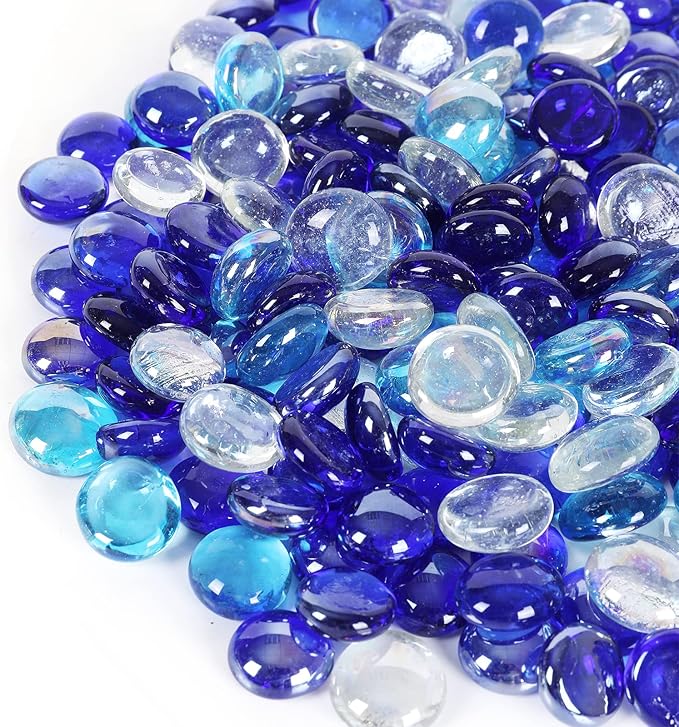 5LB Fire Glass Beads Flat Glass Marbles for Outdoor Fire Pit and Fireplace, Glass Gemstones for Vase Filler, Aquariums, Hydroponics Plants, Home Decor and Christmas DIY Craft, Blue Mixed