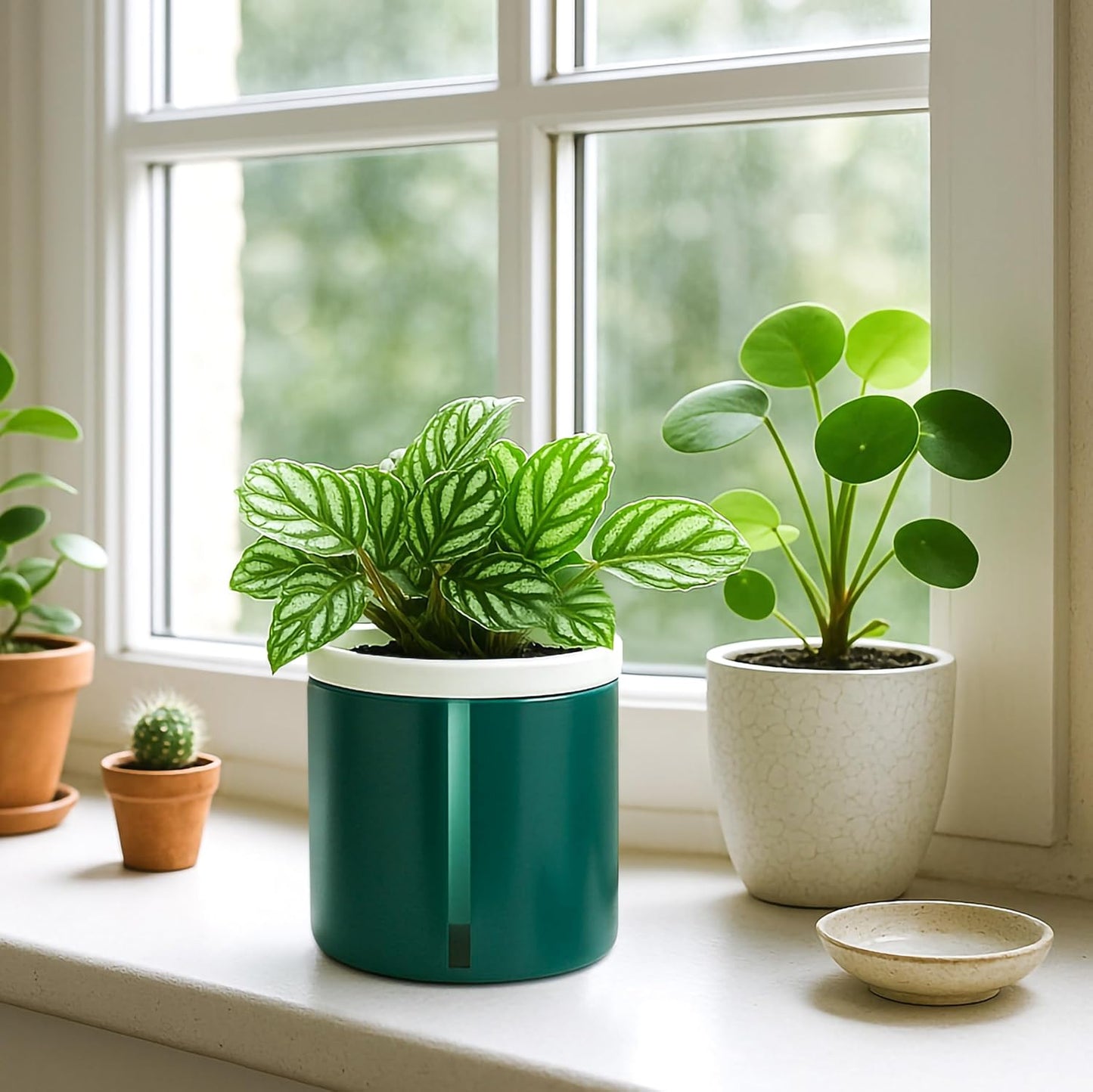 D'vine Dev 4 Inch Design Self Watering Planter for Indoor Plants, White Terracotta Pot with Teal Cylinder Glass Cup, Set of 3,37-Z-A-5-T