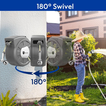 Retractable Garden Hose Reel, 1/2 in x 125 ft Wall Mounted Hose Reel, 10-Pattern Spray Nozzle, Any Length Lock/Slow Return System/Wall Mounted/180°Swivel Bracket