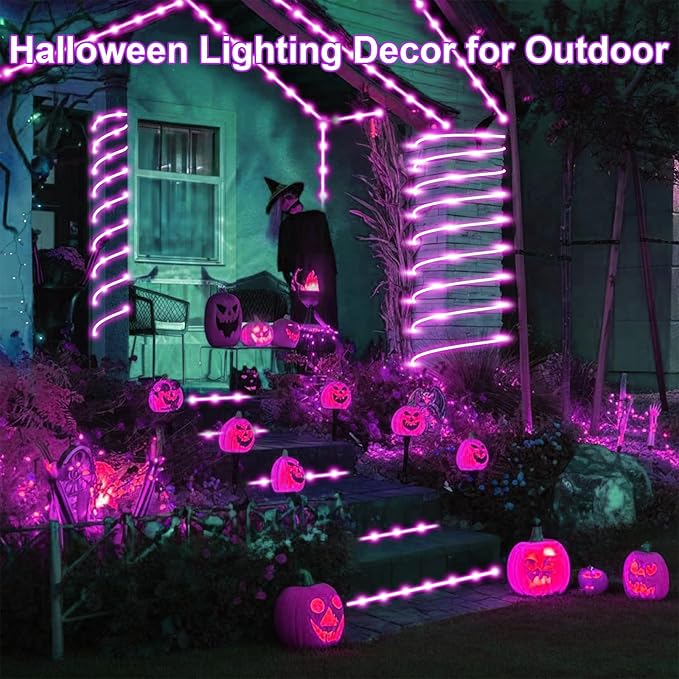 Purple Solar Rope Lights for Outside - 100 LED 33FT Solar Powered Halloween String Lights with 8 Lighting Modes, Halloween Decoration Outdoor, Waterproof Tube Light for Garden Yard Party Tree Decor