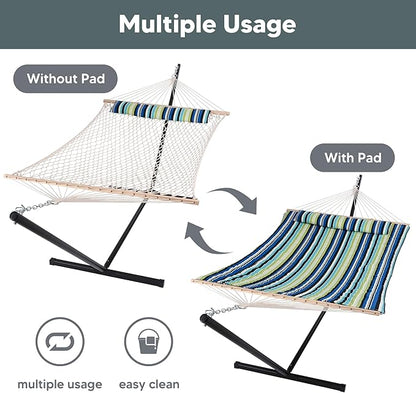 SUNCREAT Hammocks Double Cotton Rope Hammock with Polyester Pad, Heavy Duty Hammock with Steel Stand, Blue&Green