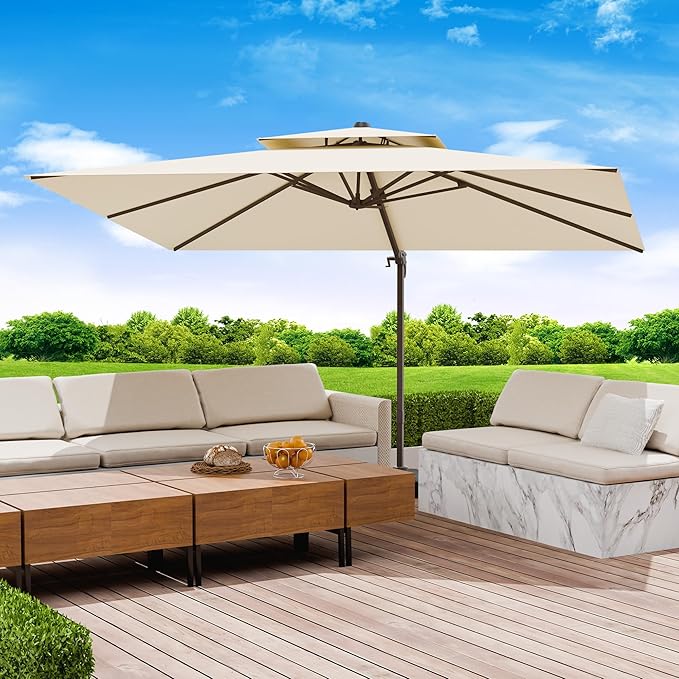 10x13 FT Patio Umbrella, Large Cantilever Rectangular Double Top Heavy Duty Offset Umbrellas with 360° Rotation, Outdoor shade for Garden Deck Pool Patio, Beige