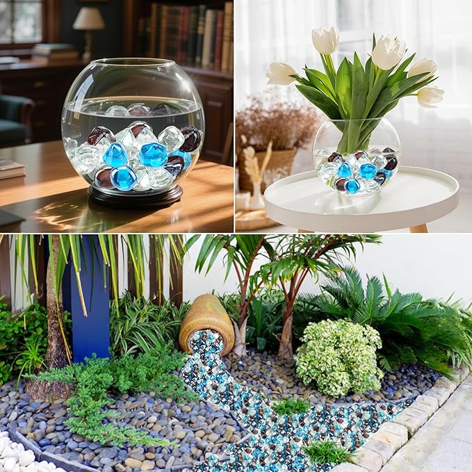 Skyflame 10-Pound Blended Fire Glass Diamonds for Fire Pit Fireplace Landscaping, 1/2 Inch Caribbean Blue, Crystal Ice, Amber Luster