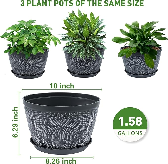 Quarut 10 Inch Flower Pots Planters for Outdoor Indoor, 3 Pack Plastic Plant Pots with Drainage Hole & Tray, Modern Decorative Garden Pot with Saucer, planters for House (Gray)