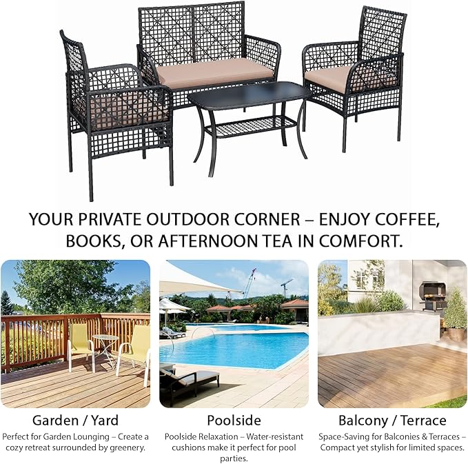 4-Piece Patio Furniture Set, Weather-Resistant Rattan Patio Conversation Set with Two-Tier Coffee Table, Upholstered Openwork Wicker Furniture for Porch, Garden, Lawn, Khaki