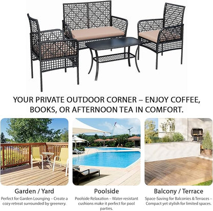 4-Piece Patio Furniture Set, Weather-Resistant Rattan Patio Conversation Set with Two-Tier Coffee Table, Upholstered Openwork Wicker Furniture for Porch, Garden, Lawn, Khaki