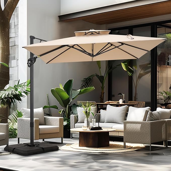 PHI VILLA Cantilever Patio Umbrella with Base, Outdoor 10ft Large Square Umbrellas with 360°Rotation, Heavy Duty Hydraulic Double Umbrella Windproof for Outside, Pool, Deck, Garden, Porch, Beige