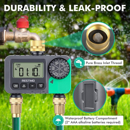 RESTMO Water Timer for Garden Hose, Sprinkler Timer with Brass Inlet, Automatic Digital Control | Manual ON/Off | Rain Delay, for Outdoor Faucet, Drip Irrigation and Lawn, 2 Outlet