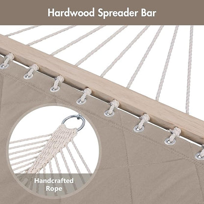 ANOW Double Hammock with Spreader Bars and Detachable Pillow, 2 Person Hammock for Outside, 450 LBS Weight Capacity, Light Brown