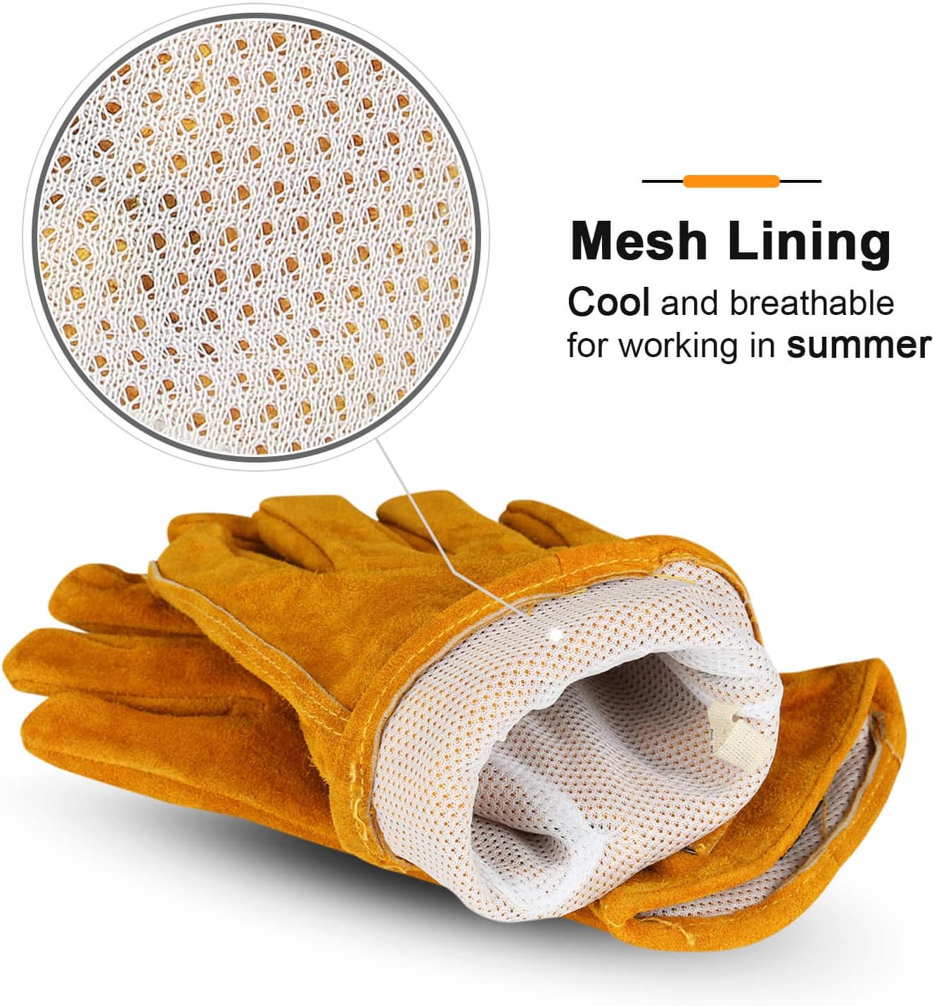 OZERO Leather Work Gloves Flex Grip Tough Cowhide Gardening Glove for Men and Women (Gold With Mesh Lining (1 Pair), X-Large)