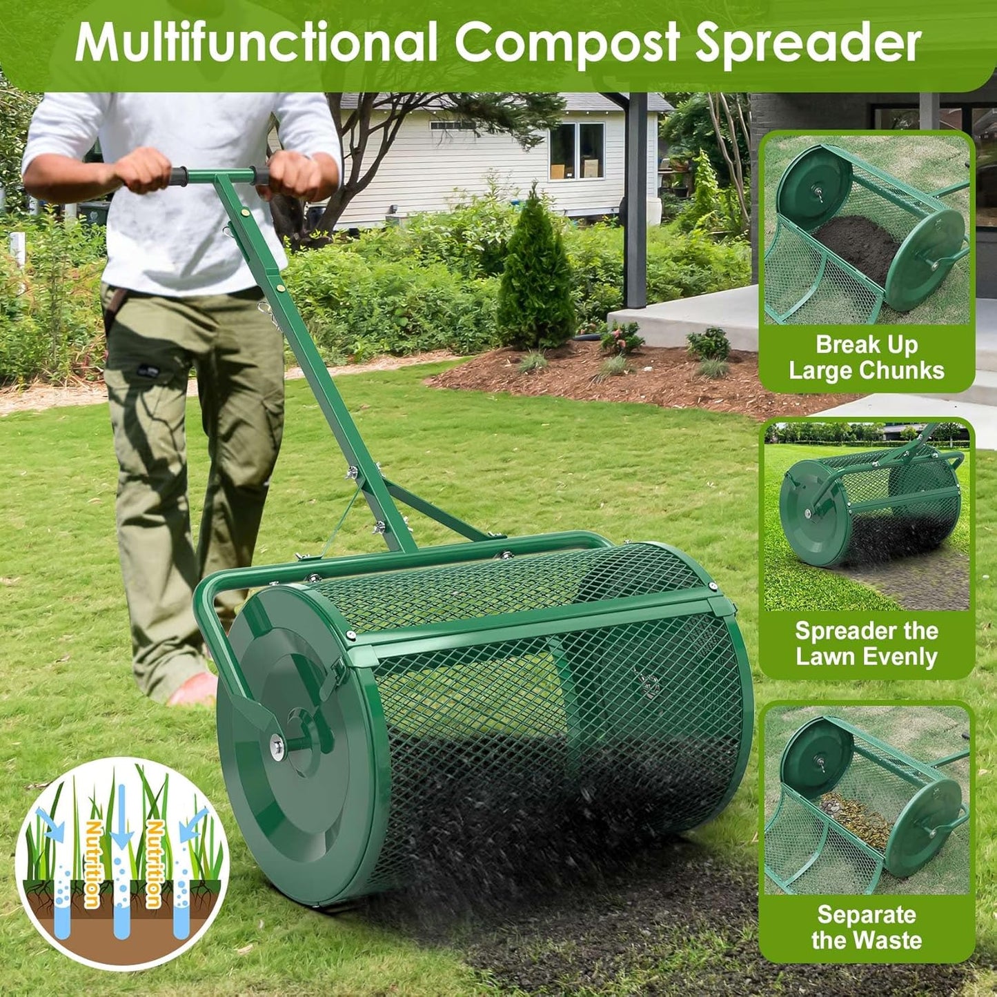 Seeutek Compost Spreader - 24" Peat Moss Spreader with 3 Heights, Top Soil Spreader W/Upgraded Side Latches Support Rod Powder Coated Metal Mesh Top Dressing Spreader for Lawn, 2 Way Uses-Push or Tow