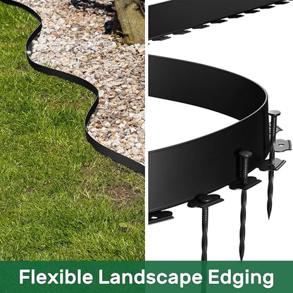 AGTEK 98FT Plastic Landscape Edging Kit 3inch Height No-Dig Garden Edging Border Lawn Edging Roll for Flower Bed Lawn Yard, Black, with 60 Anchoring Spikes