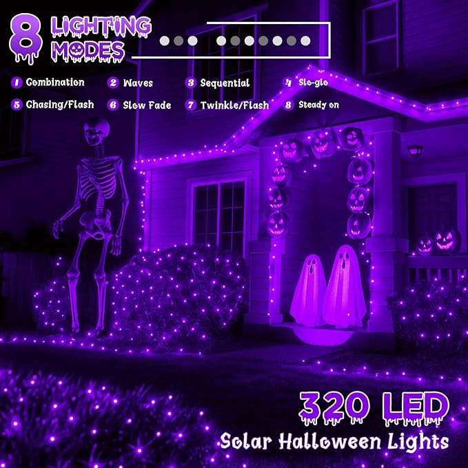 4 Pack Purple Solar Halloween Lights Outdoor Waterproof, 180FT 320 LED Solar String Lights with Green Wire 8 Modes Solar Fairy Twinkle Light for Tree Bush Garden Horror Party Halloween Decorations