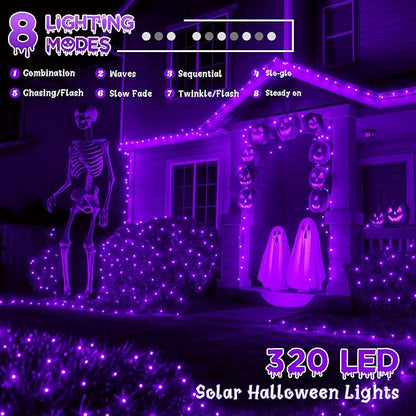 4 Pack Purple Solar Halloween Lights Outdoor Waterproof, 180FT 320 LED Solar String Lights with Green Wire 8 Modes Solar Fairy Twinkle Light for Tree Bush Garden Horror Party Halloween Decorations