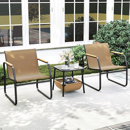 Tangkula 3 Pieces Patio Furniture Set, Outdoor Bistro Conversation Set with Breathable Mesh Fabric and Metal Frame, Front Porch Table and Chairs Set for Balcony, Garden, Lawn and Backyard (Brown)