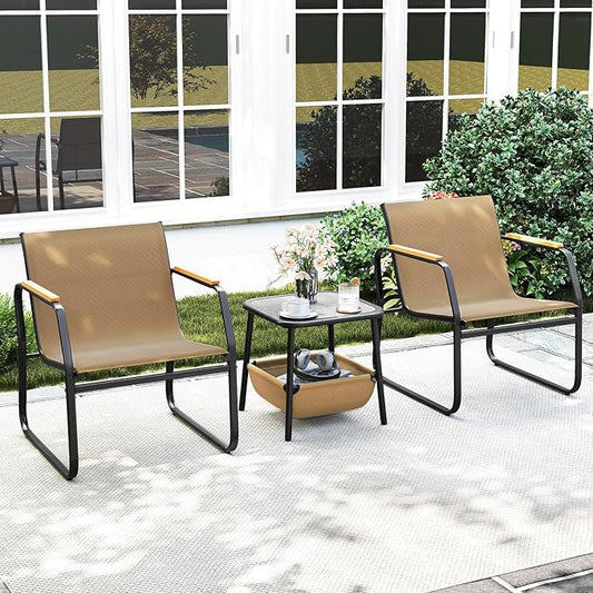 Tangkula 3 Pieces Patio Furniture Set, Outdoor Bistro Conversation Set with Breathable Mesh Fabric and Metal Frame, Front Porch Table and Chairs Set for Balcony, Garden, Lawn and Backyard (Brown)