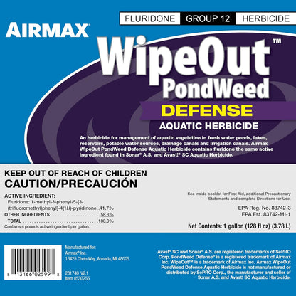 Airmax Wipeout Pond Weed Defense, Herbicide & Aquatic Weed Control, Controls Duckweed & Other Unwanted Submerged & Floating Vegetation, Easy-to-Use & Long Lasting, All-Season Treatment - 1 Gallon