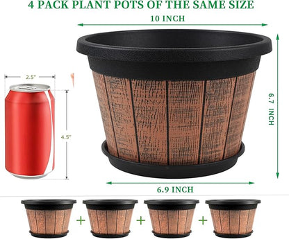 Quarut 4 Pack 10 inch Plant Pots,Upgrade Whiskey Barrel Planters with Drainage Holes & Saucer,Plastic Decoration Flower Pots Retro Design,Planters for Outdoor Indoor Garden Home Plants (Brown)