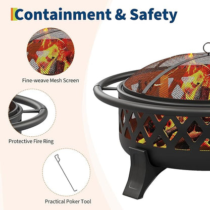 37 Inch Outdoor Fire Pit with Poker, Wood Burning Fire Pit with Spark Screen Cover, Firepits for Outside Backyard, Patio, Camping
