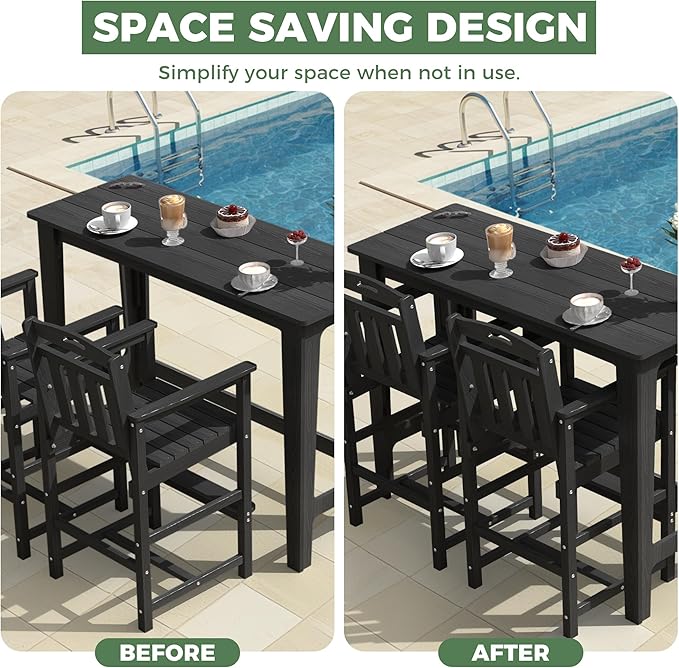 HDPE Outdoor Patio Bar Set with High Top Table and 2 Adirondack Chairs, All-Weather Bar Height Outside Rectangular Pub Furniture for Bistro, Garden, Backyard, Deck | 3-Pieces, Matte Black